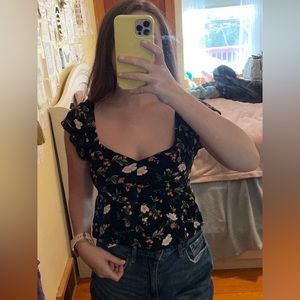 American Eagle Black Floral Crop Top